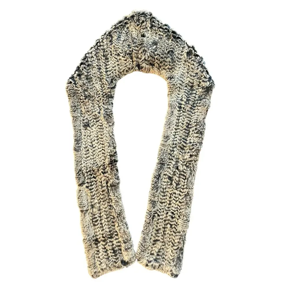 Real Genuine Rex Rabbit Fur Knitted Hooded Scarf Gray Brown Chinchilla Style